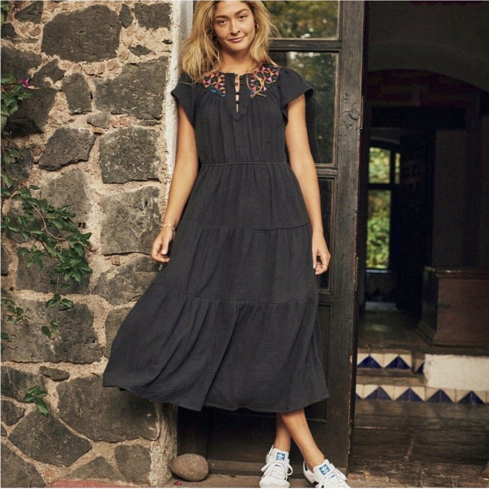 Marine Layer Leticia Embroidered Dress Washed Black Cotton Gauze Maxi XS